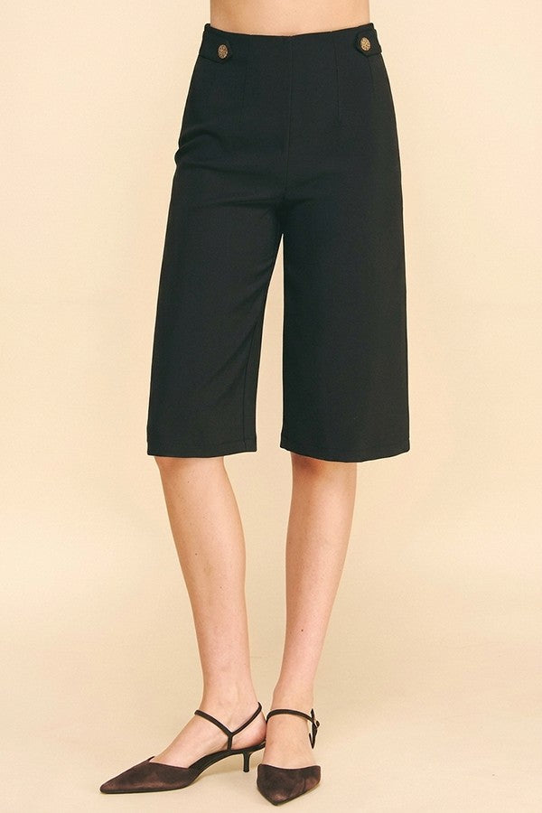 Twill Gold Button Tab Darted Waist Bermuda Shorts
