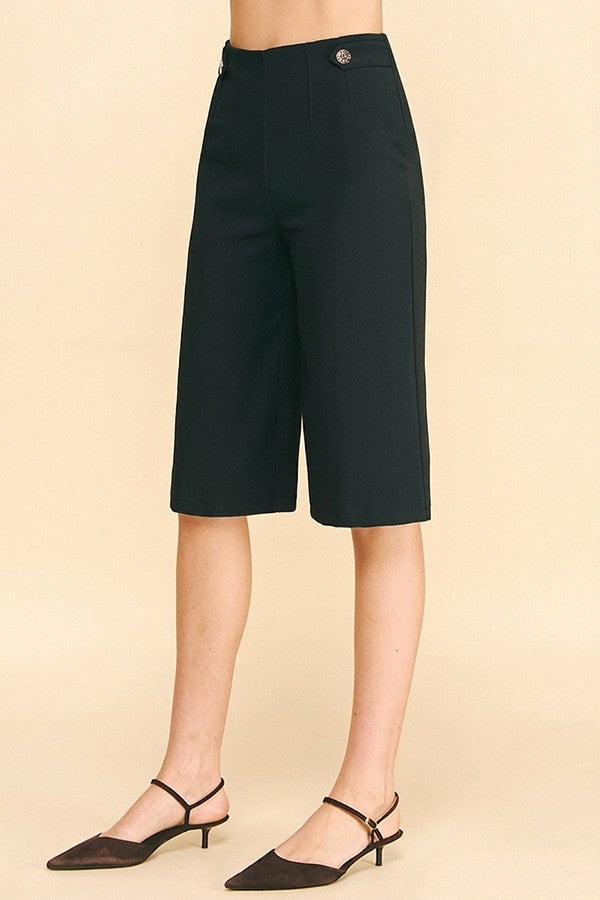 Twill Gold Button Tab Darted Waist Bermuda Shorts
