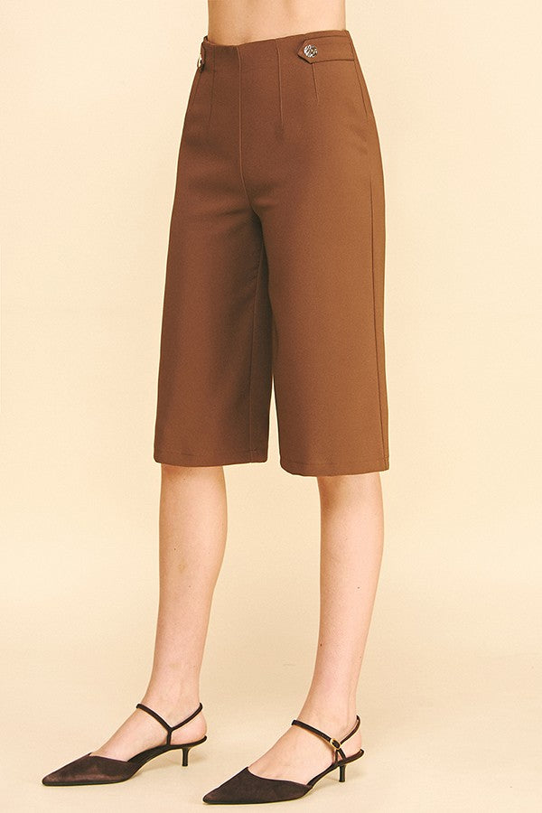 Twill Gold Button Tab Darted Waist Bermuda Shorts