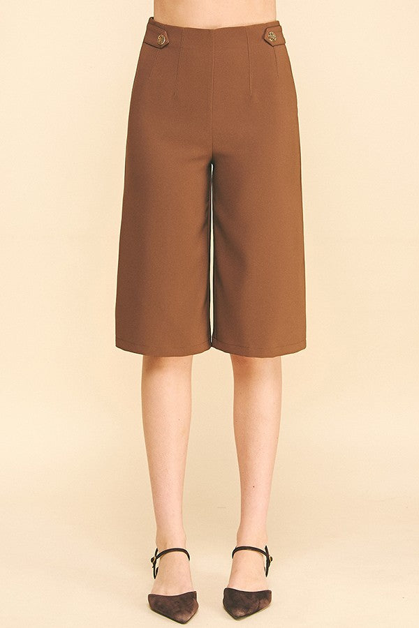 Twill Gold Button Tab Darted Waist Bermuda Shorts