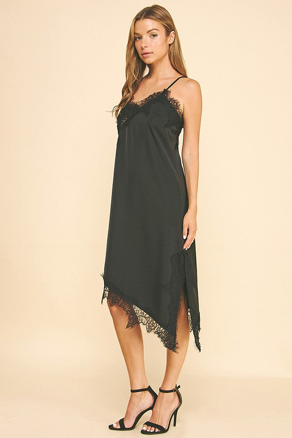 Satin Black Lace Asymmetrical Cami Slip Night Dress