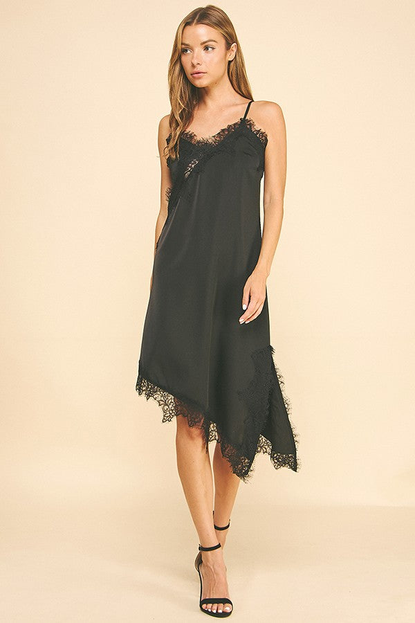 Satin Black Lace Asymmetrical Cami Slip Night Dress