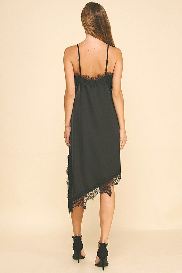 Satin Black Lace Asymmetrical Cami Slip Night Dress