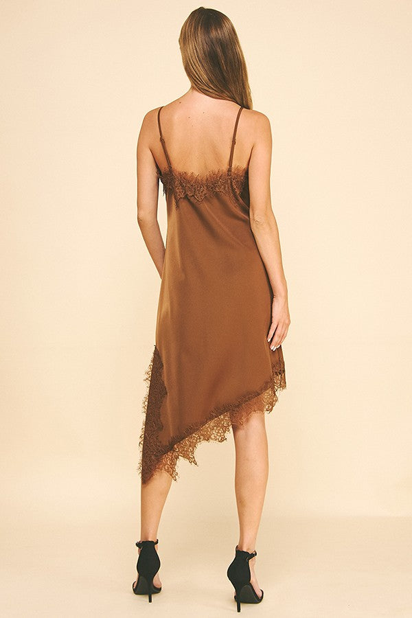 Satin Black Lace Asymmetrical Cami Slip Night Dress