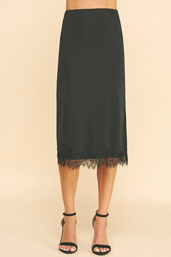 Satin Jersey Black Lace Hem Midi Skirt