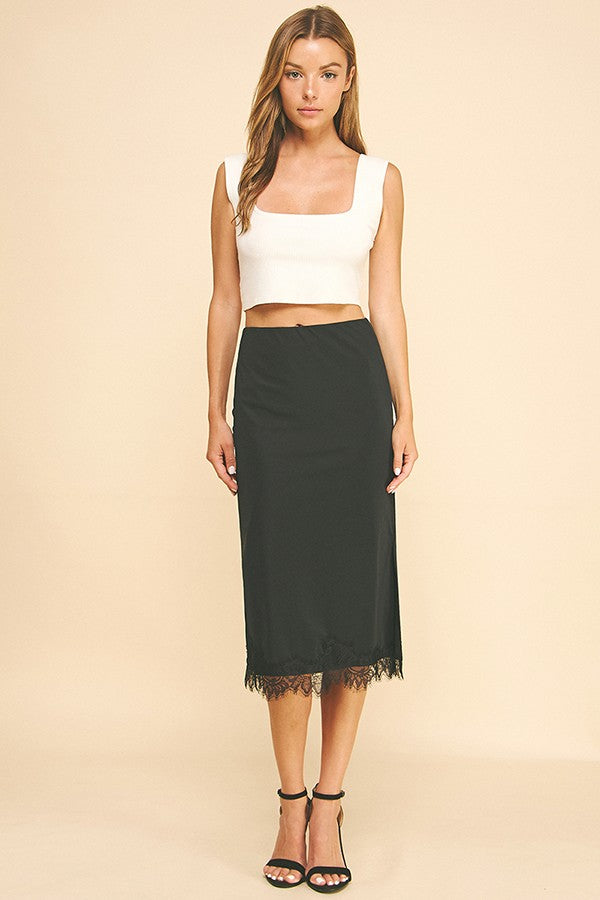 Satin Jersey Black Lace Hem Midi Skirt