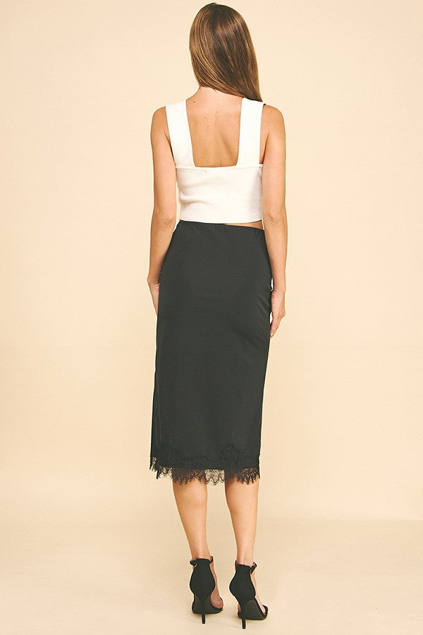 Satin Jersey Black Lace Hem Midi Skirt