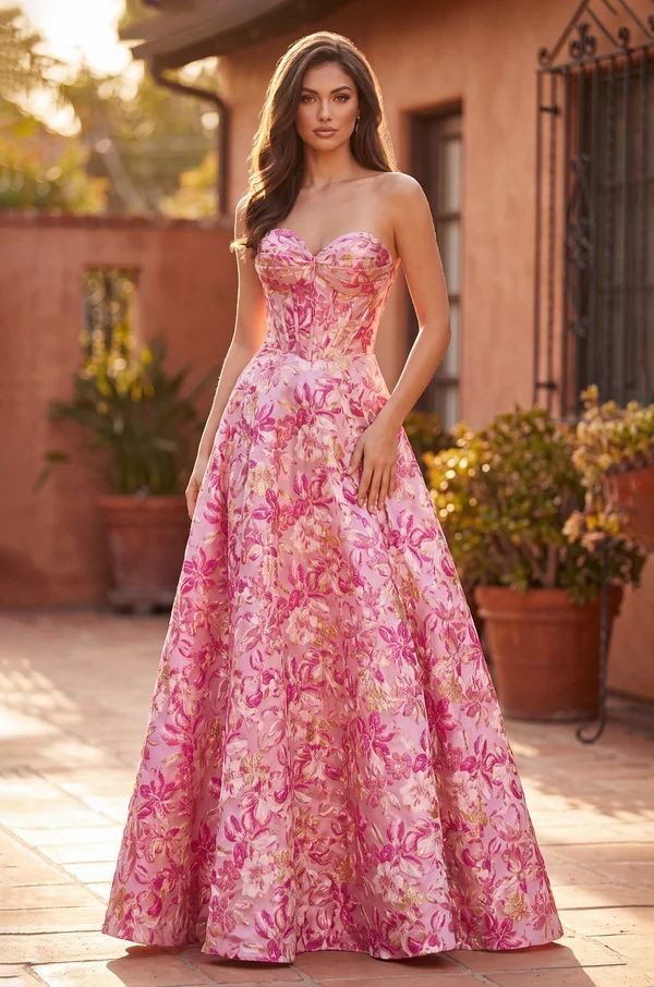 Long Strapless Corset Floral Jacquard Ball Gown