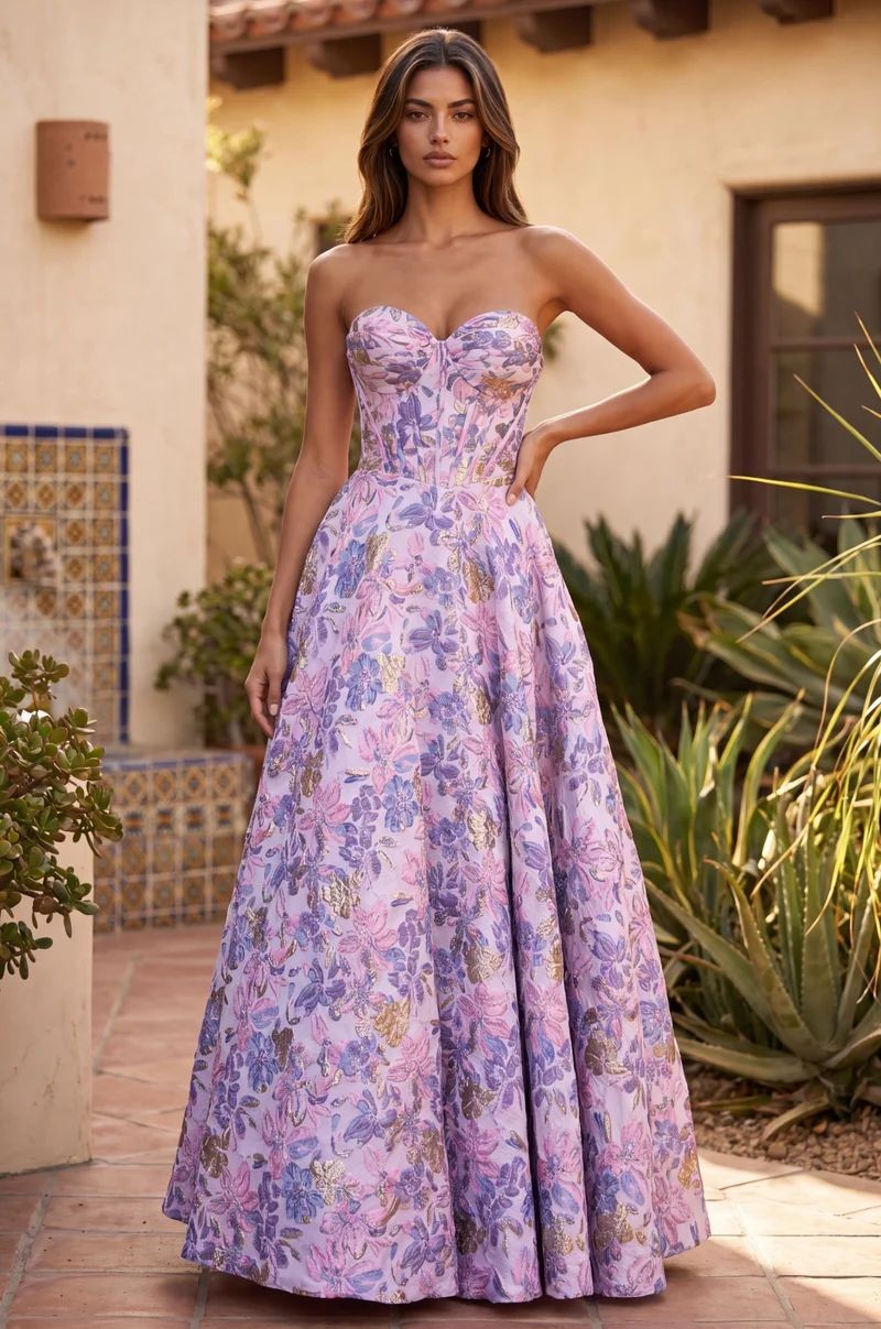 Long Strapless Corset Floral Jacquard Ball Gown