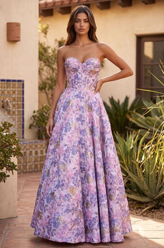 Long Strapless Corset Floral Jacquard Ball Gown
