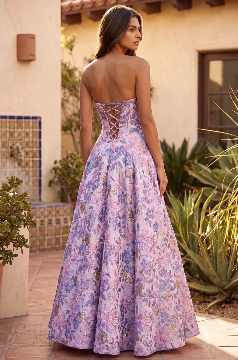 Long Strapless Corset Floral Jacquard Ball Gown