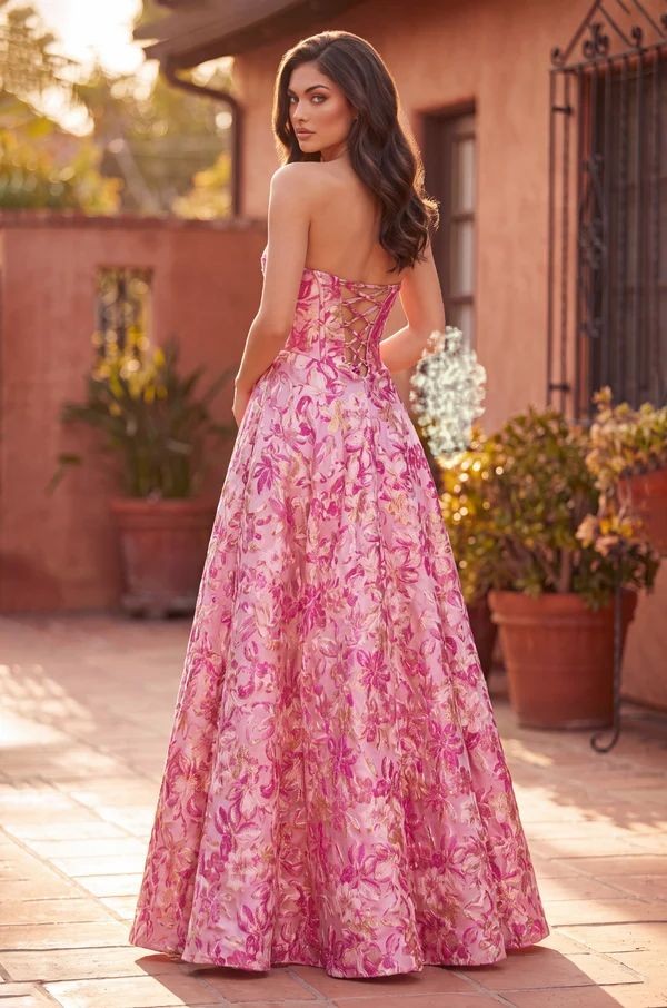 Long Strapless Corset Floral Jacquard Ball Gown