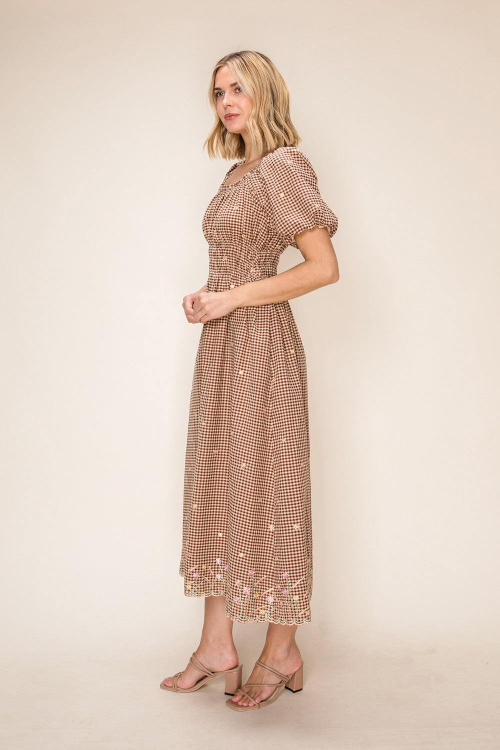 Gingham Floral Embroidered Smocked Waist Midi Dress