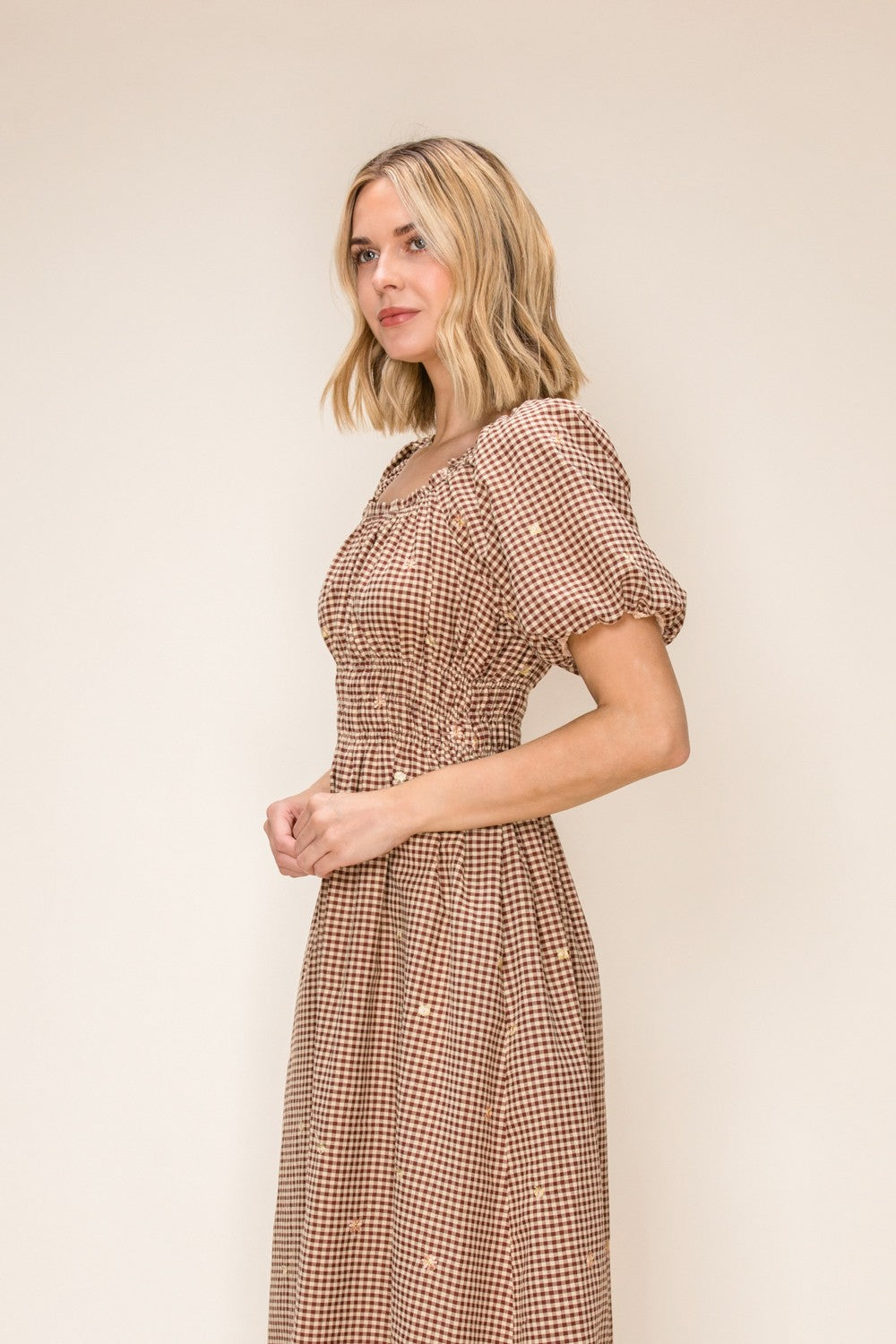 Gingham Floral Embroidered Smocked Waist Midi Dress