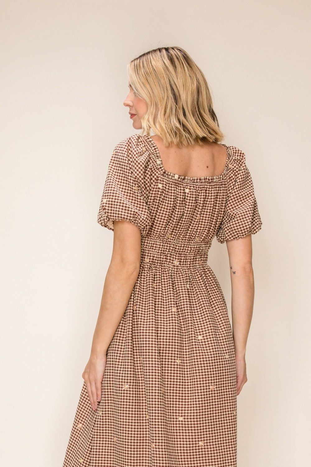 Gingham Floral Embroidered Smocked Waist Midi Dress