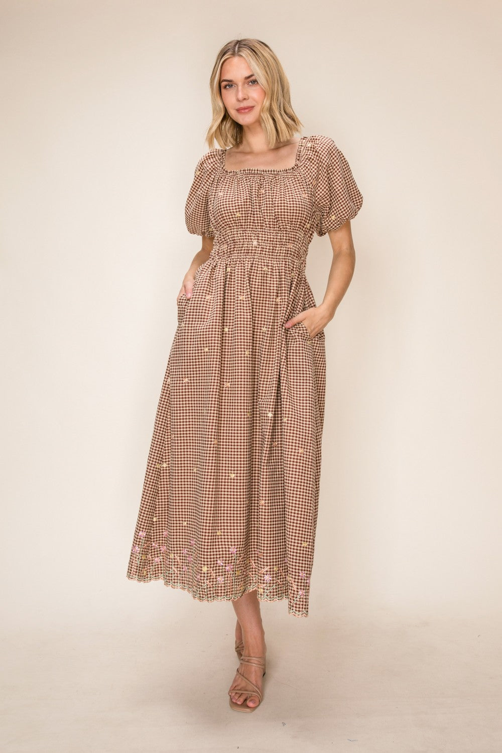 Gingham Floral Embroidered Smocked Waist Midi Dress