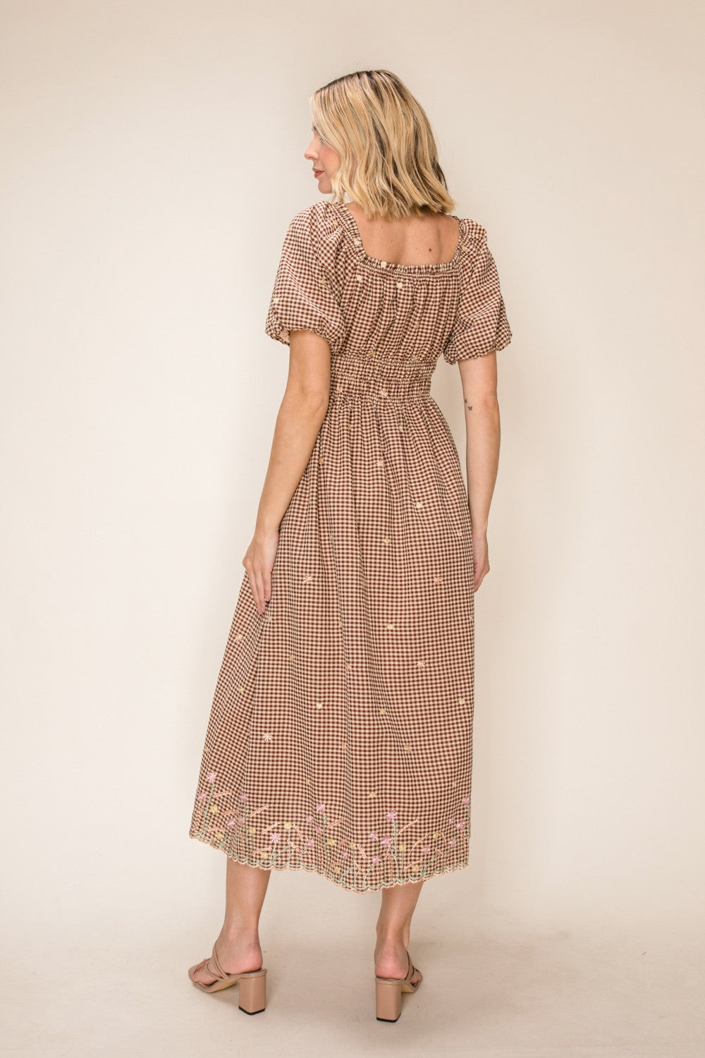 Gingham Floral Embroidered Smocked Waist Midi Dress