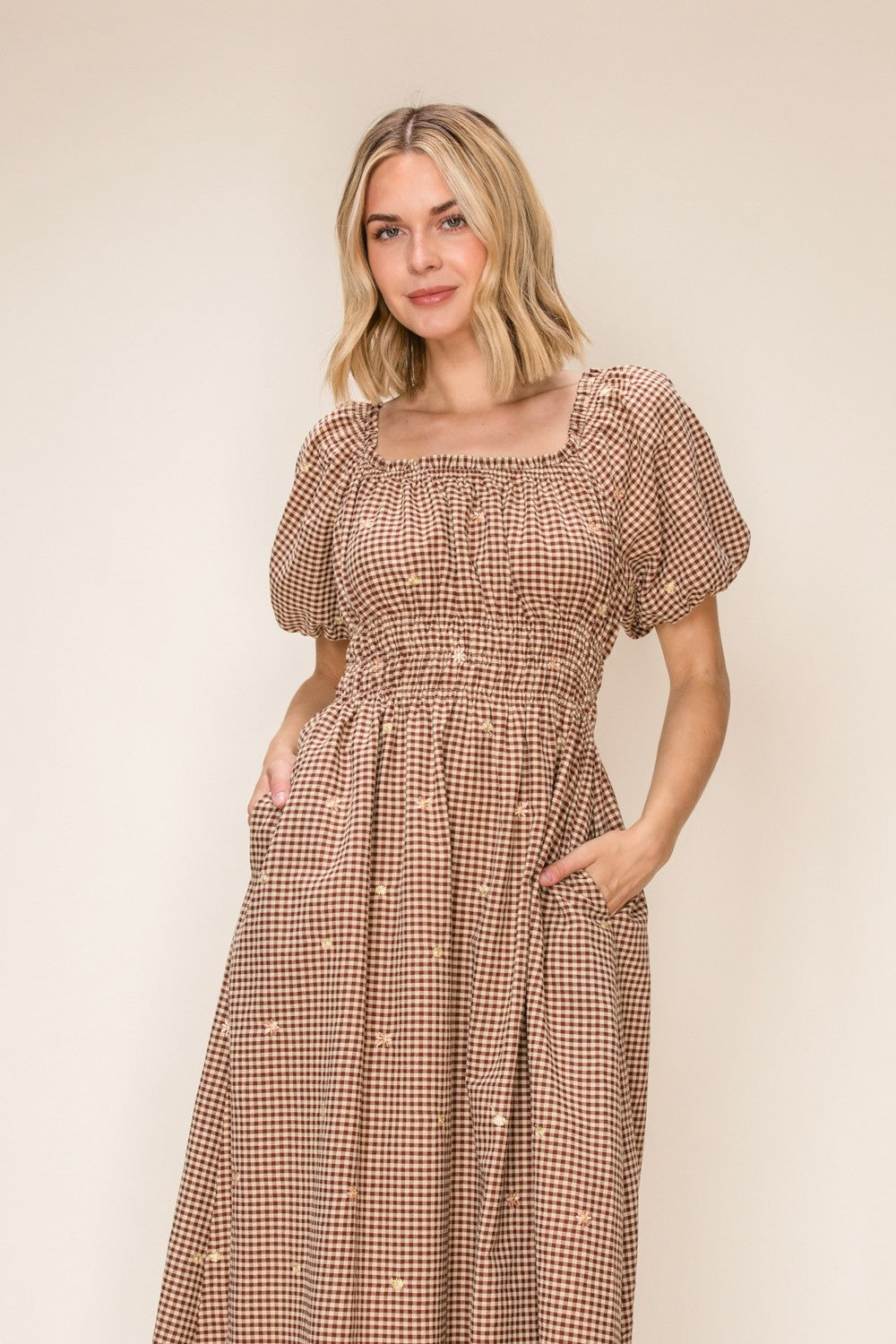 Gingham Floral Embroidered Smocked Waist Midi Dress