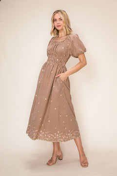 Gingham Floral Embroidered Smocked Waist Midi Dress