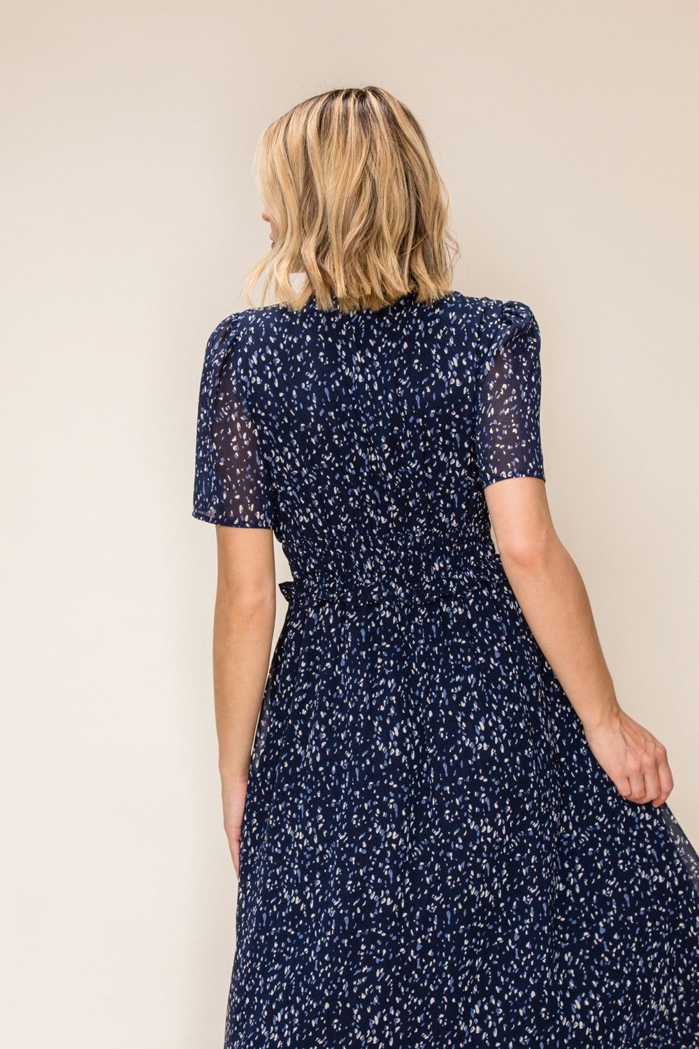 Abstract Print Smocked Waist Chiffon Midi Dress