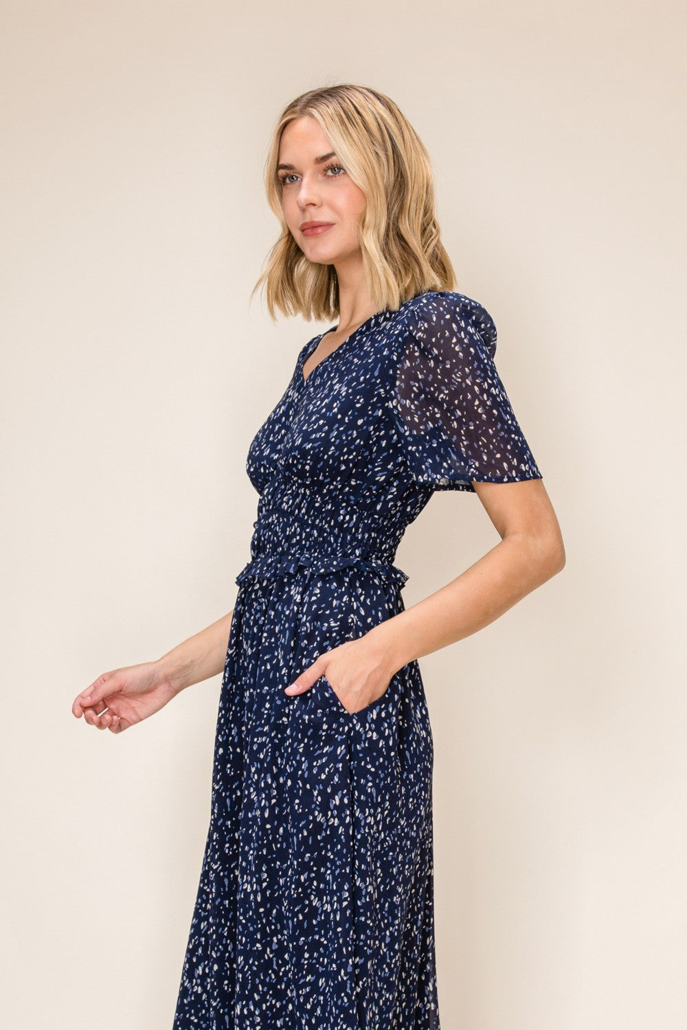 Abstract Print Smocked Waist Chiffon Midi Dress