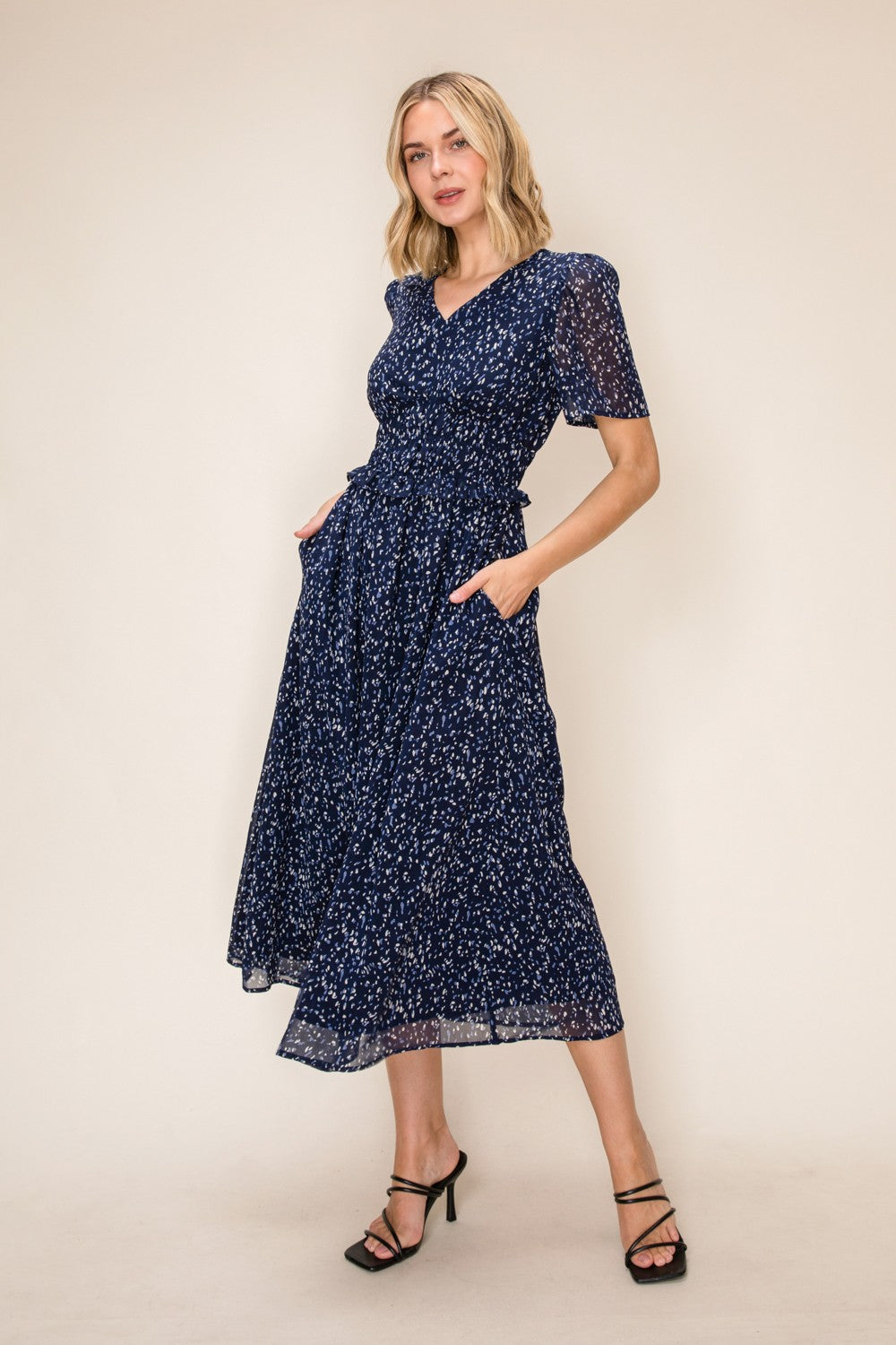 Abstract Print Smocked Waist Chiffon Midi Dress