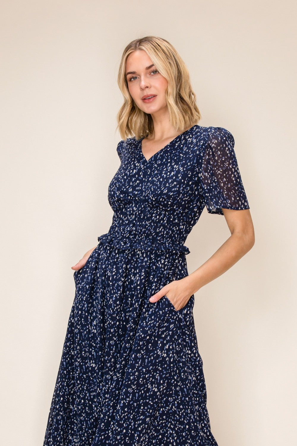 Abstract Print Smocked Waist Chiffon Midi Dress