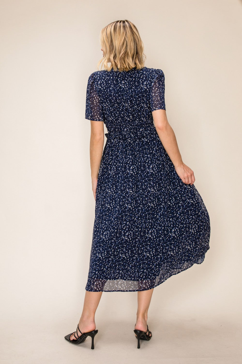 Abstract Print Smocked Waist Chiffon Midi Dress