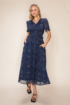 Abstract Print Smocked Waist Chiffon Midi Dress