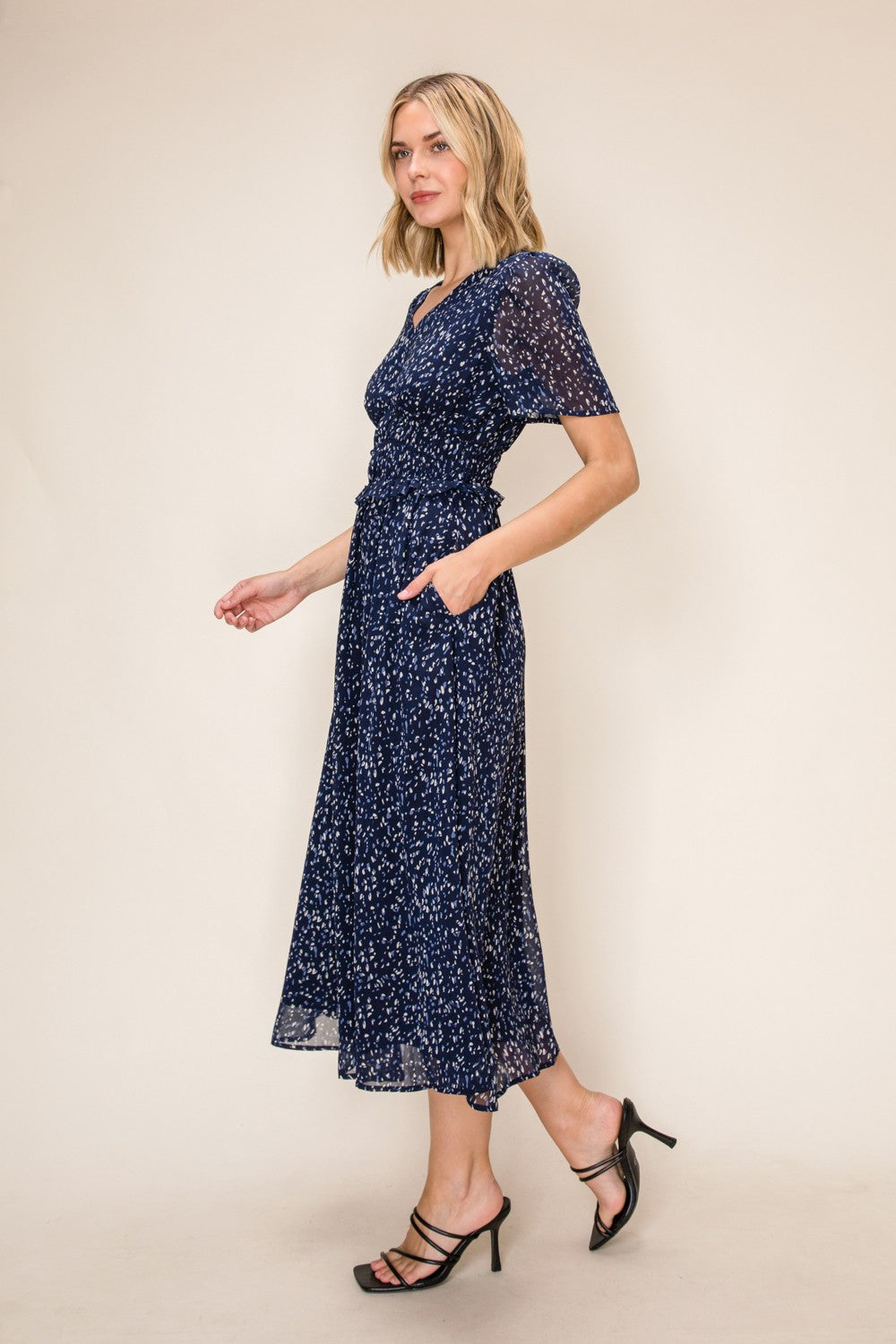Abstract Print Smocked Waist Chiffon Midi Dress