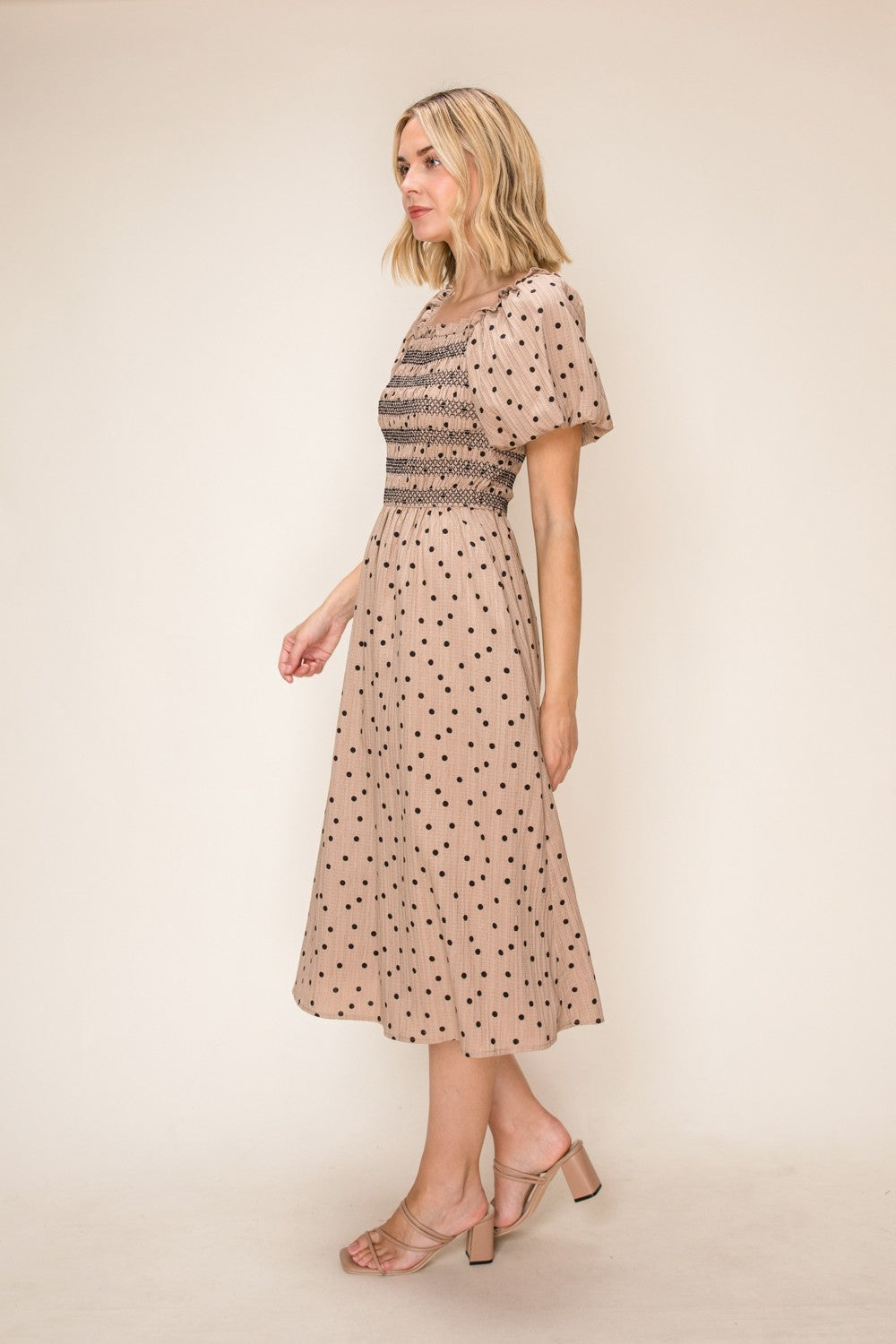 Polka Dot Smocked Midi Dress