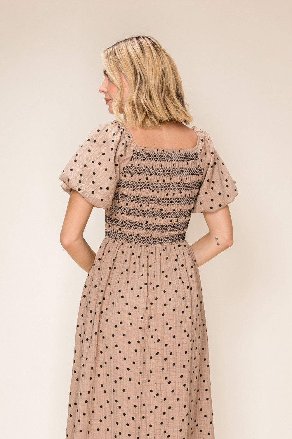 Polka Dot Smocked Midi Dress
