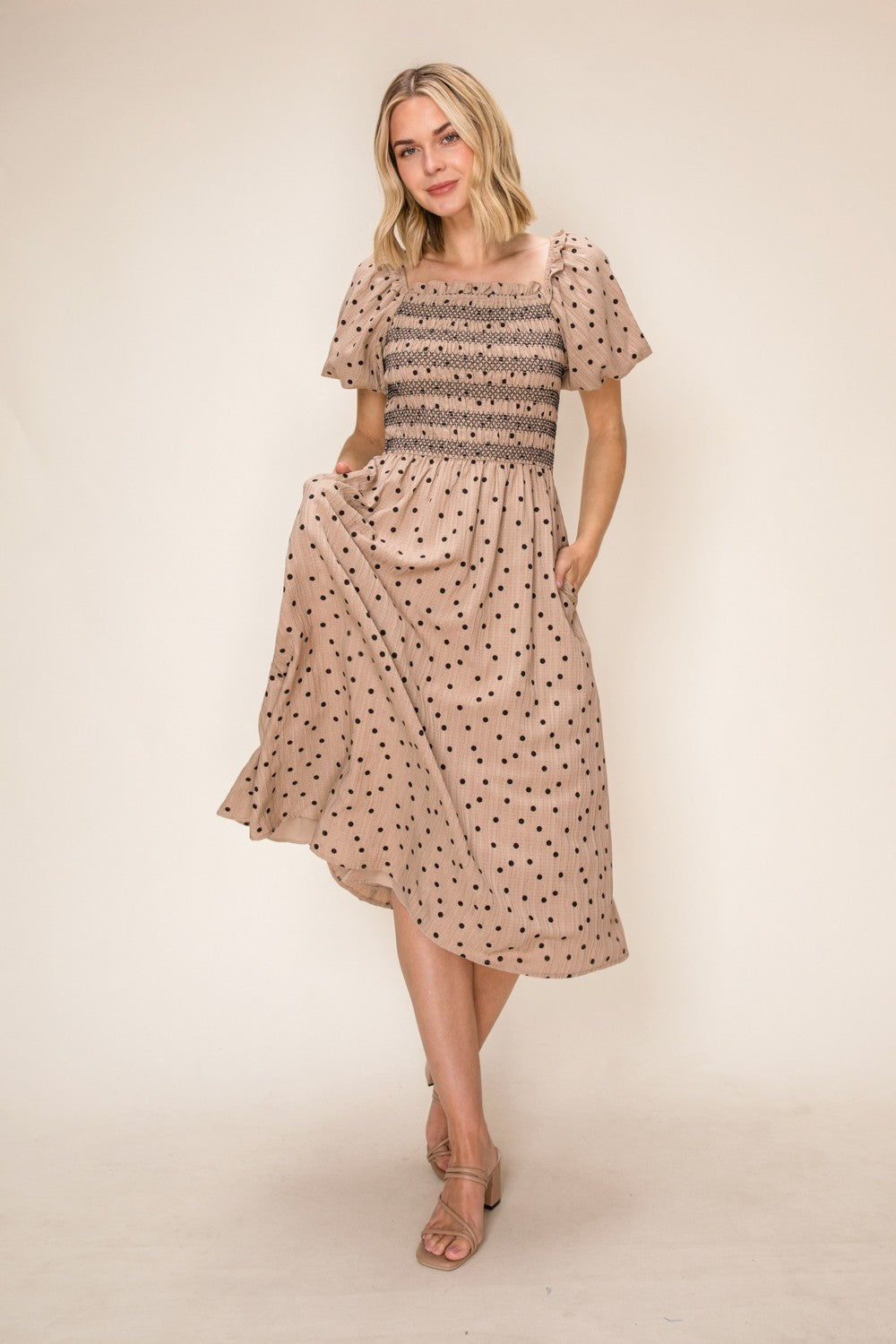 Polka Dot Smocked Midi Dress
