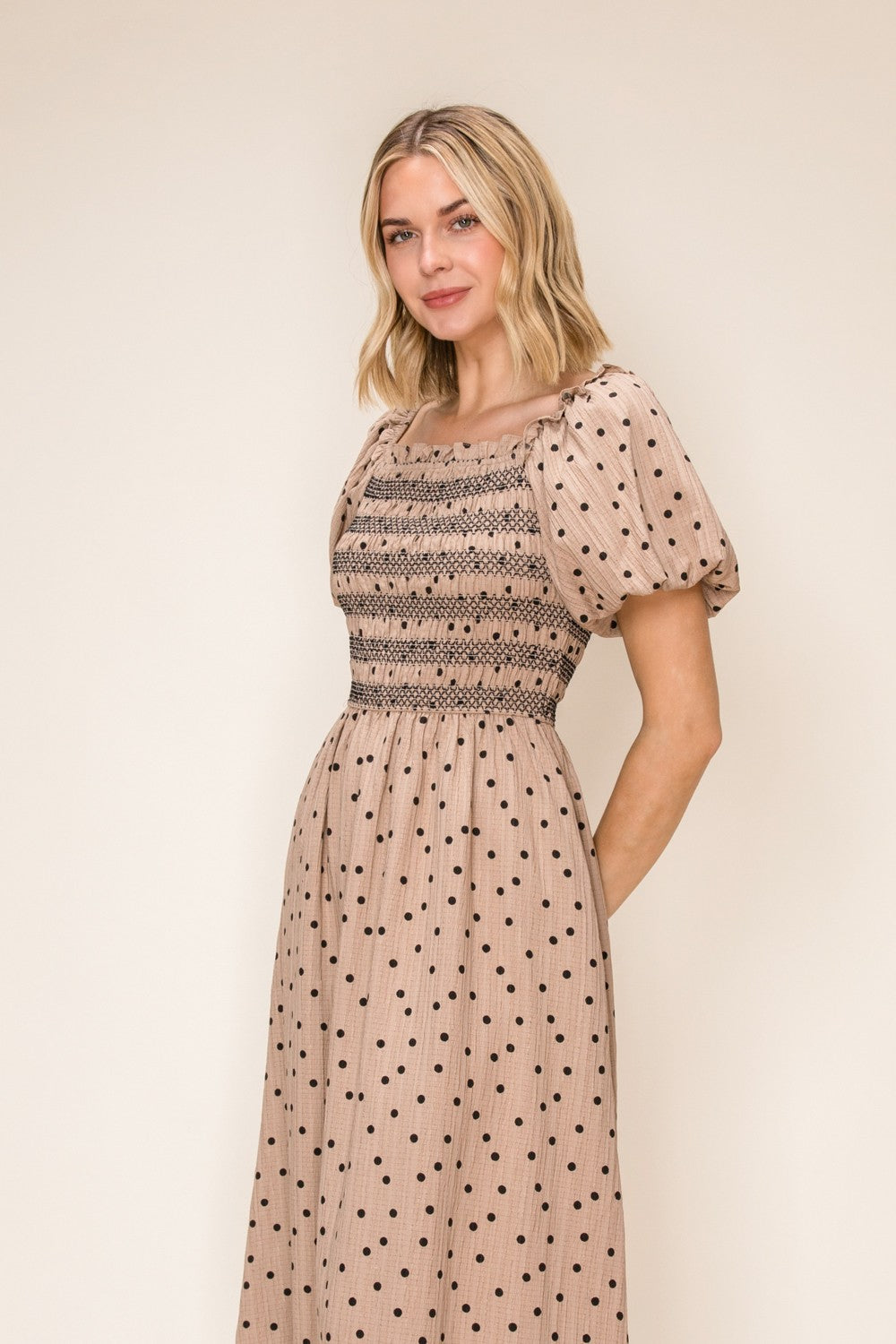 Polka Dot Smocked Midi Dress