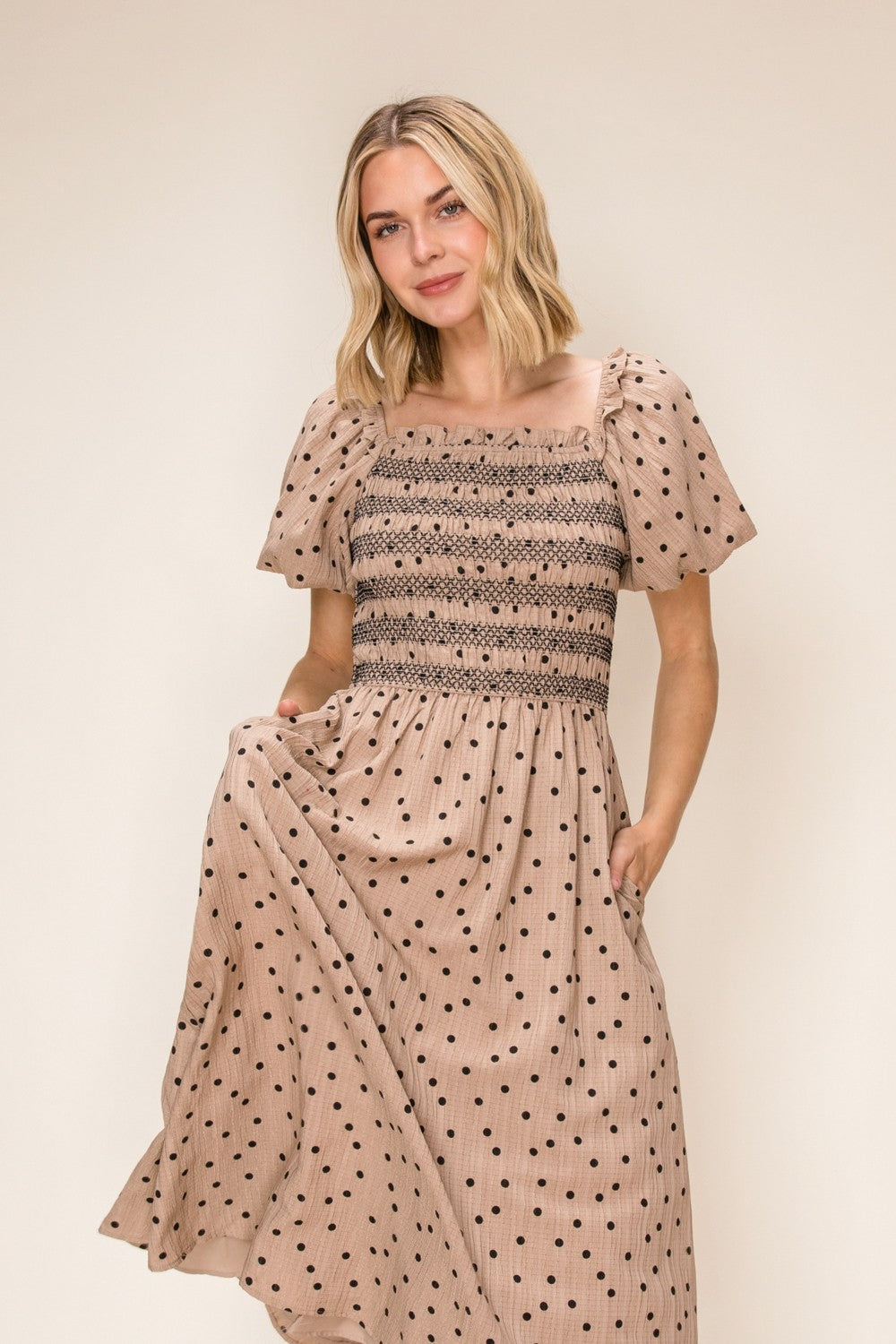 Polka Dot Smocked Midi Dress