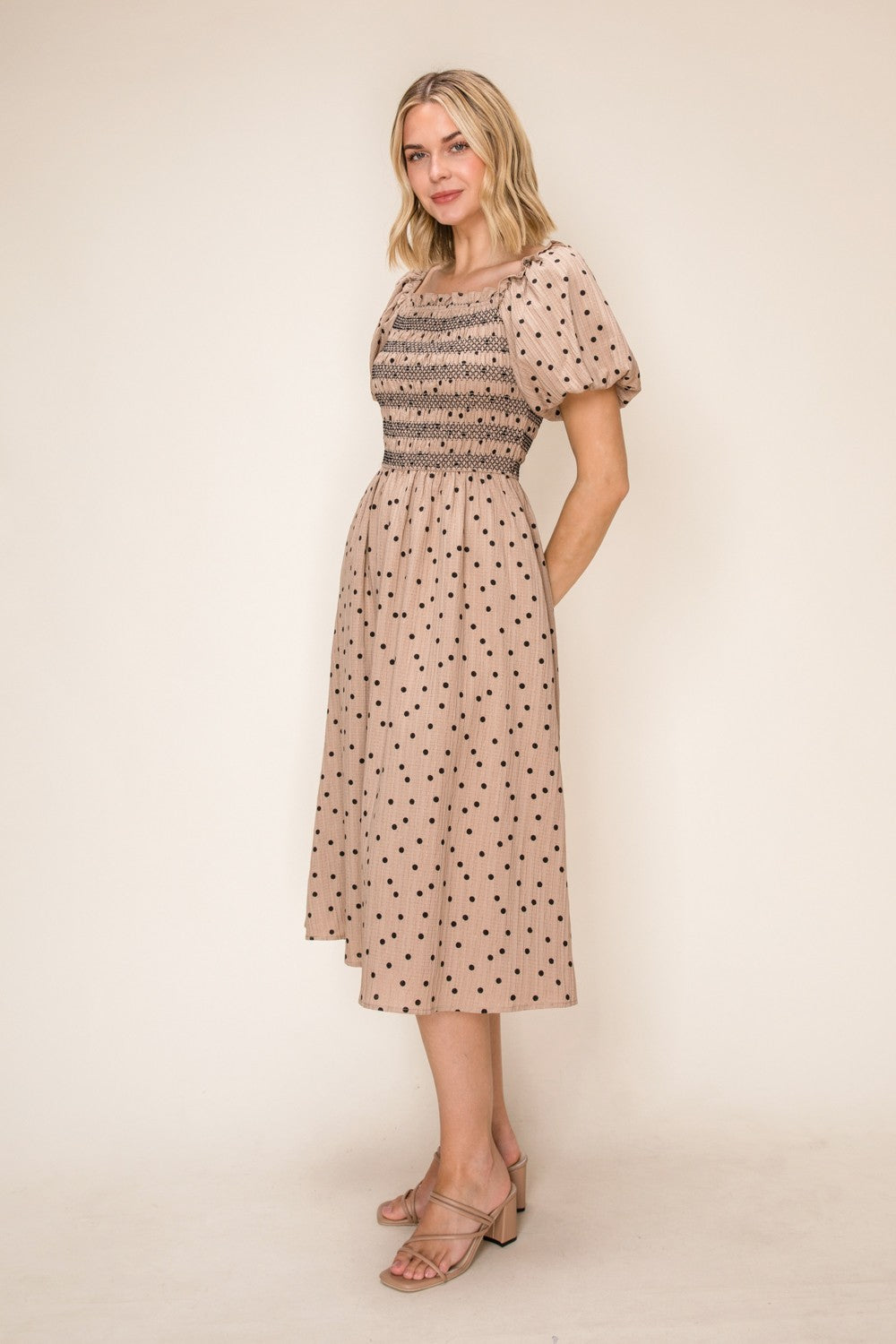 Polka Dot Smocked Midi Dress
