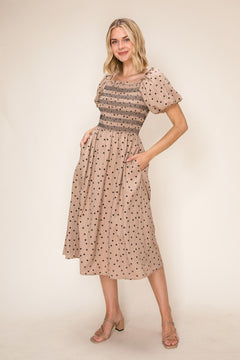 Polka Dot Smocked Midi Dress