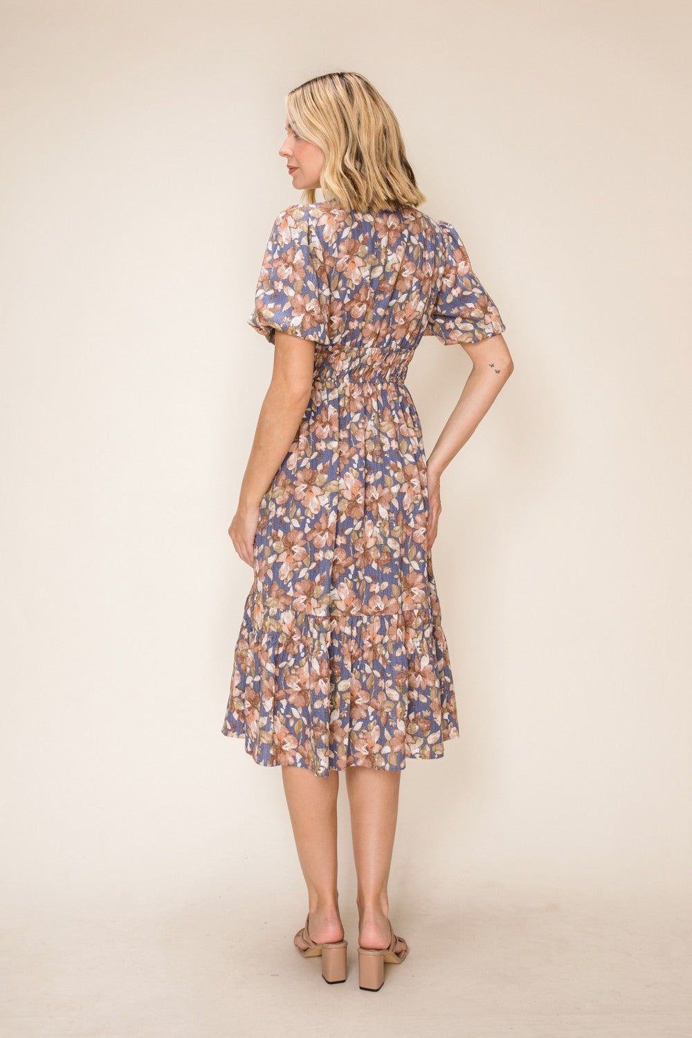 Rustic Floral Smocked Midi Dress