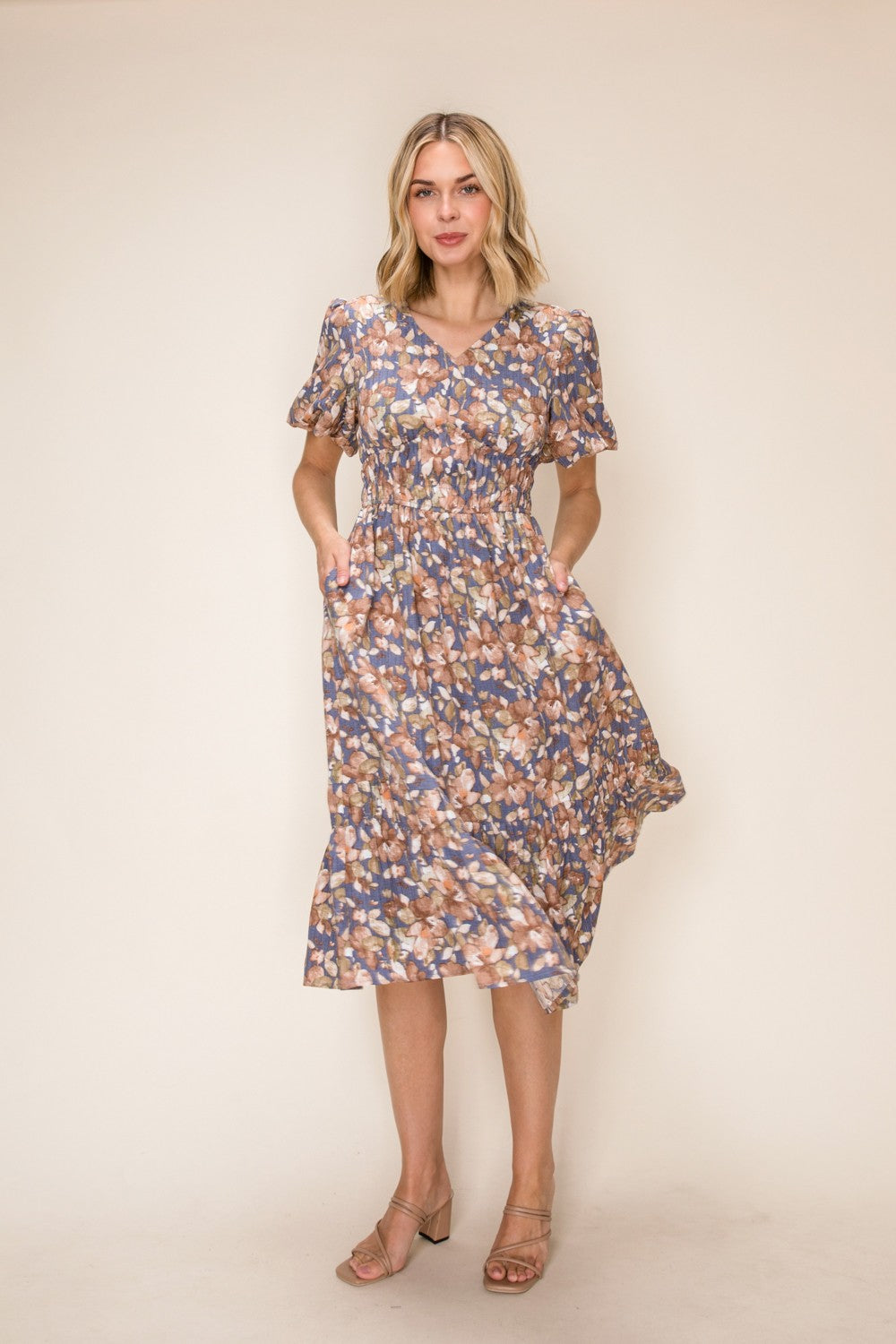Rustic Floral Smocked Midi Dress