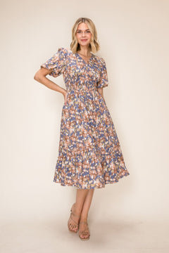 Rustic Floral Smocked Midi Dress