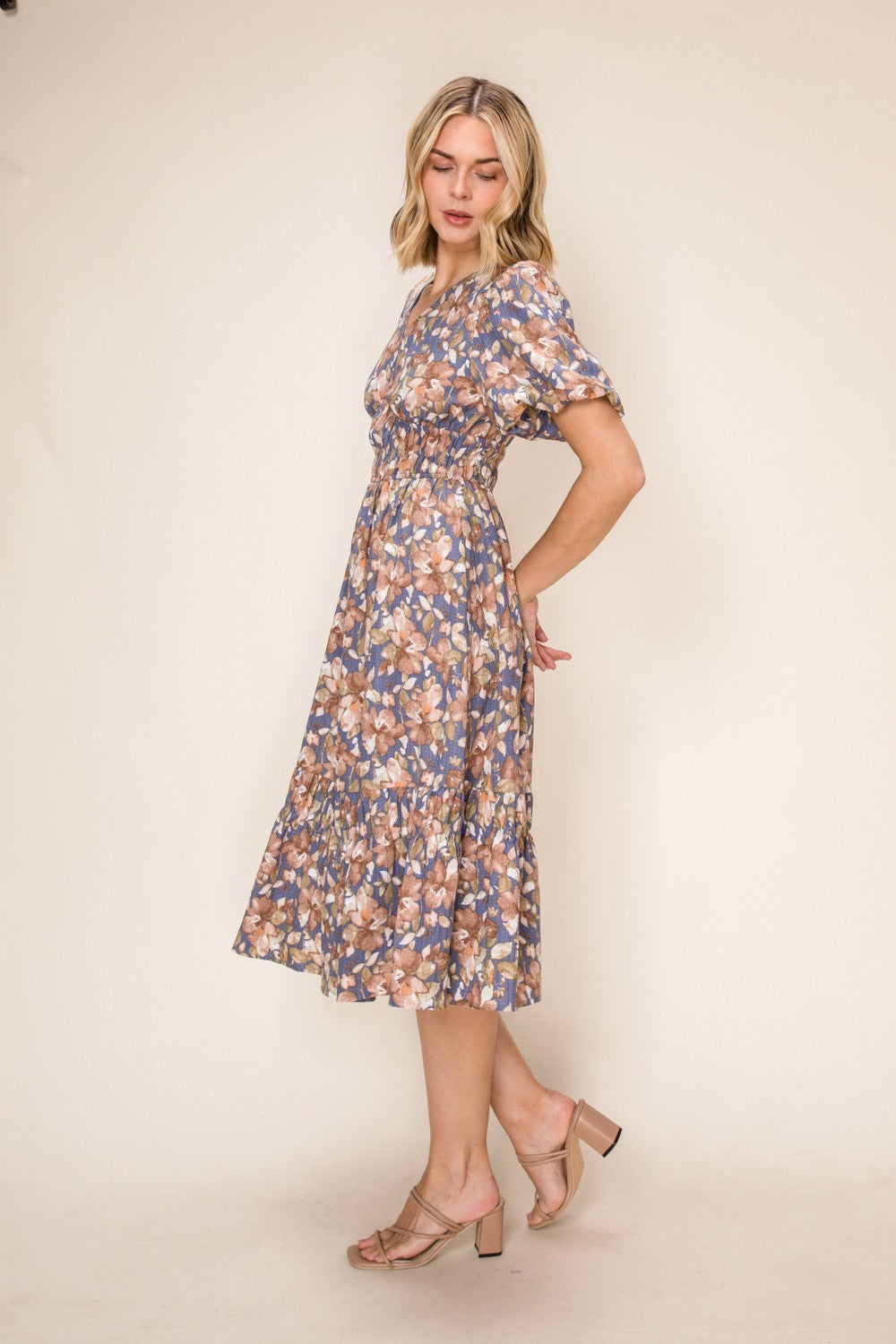Rustic Floral Smocked Midi Dress