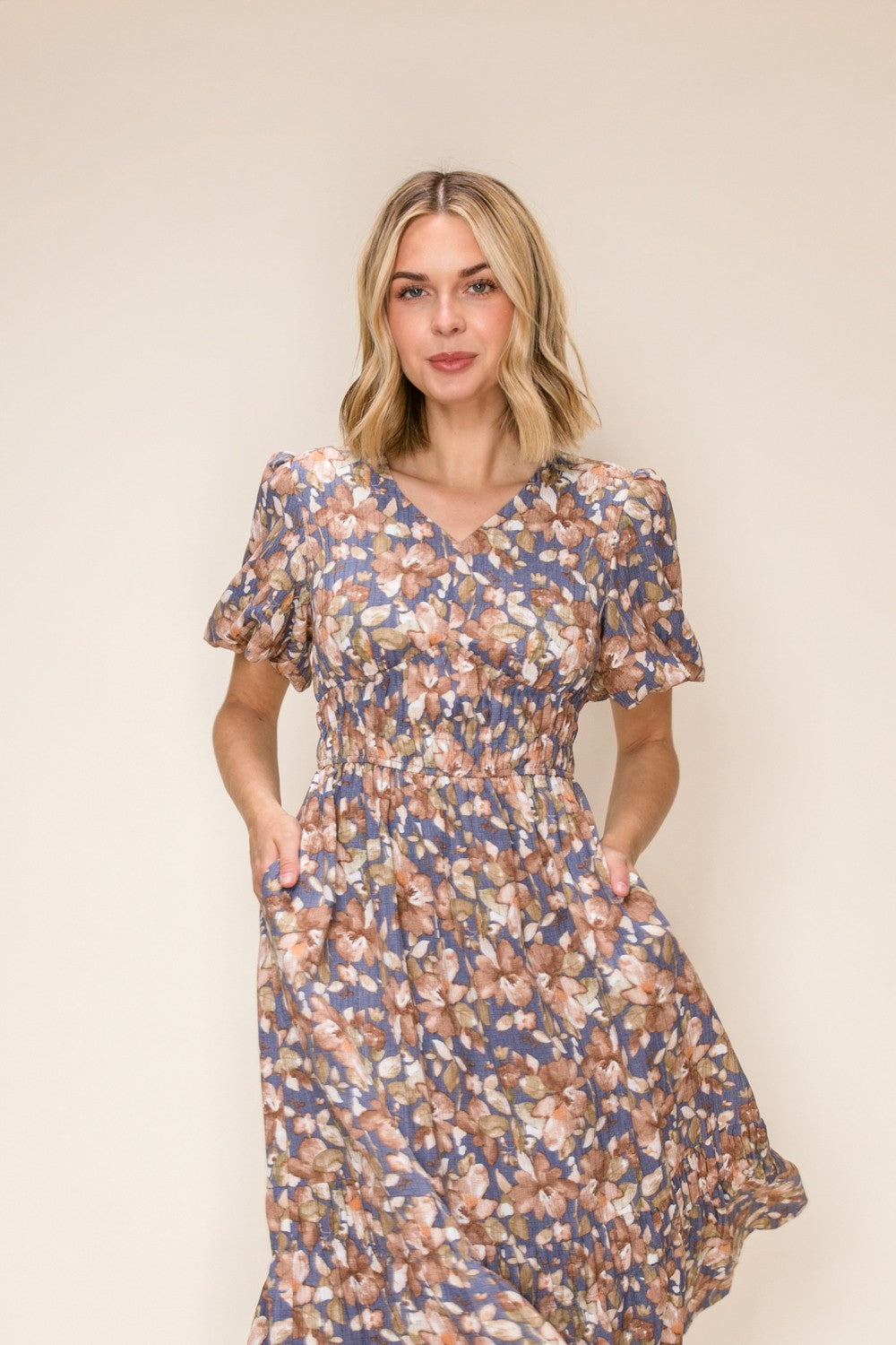 Rustic Floral Smocked Midi Dress