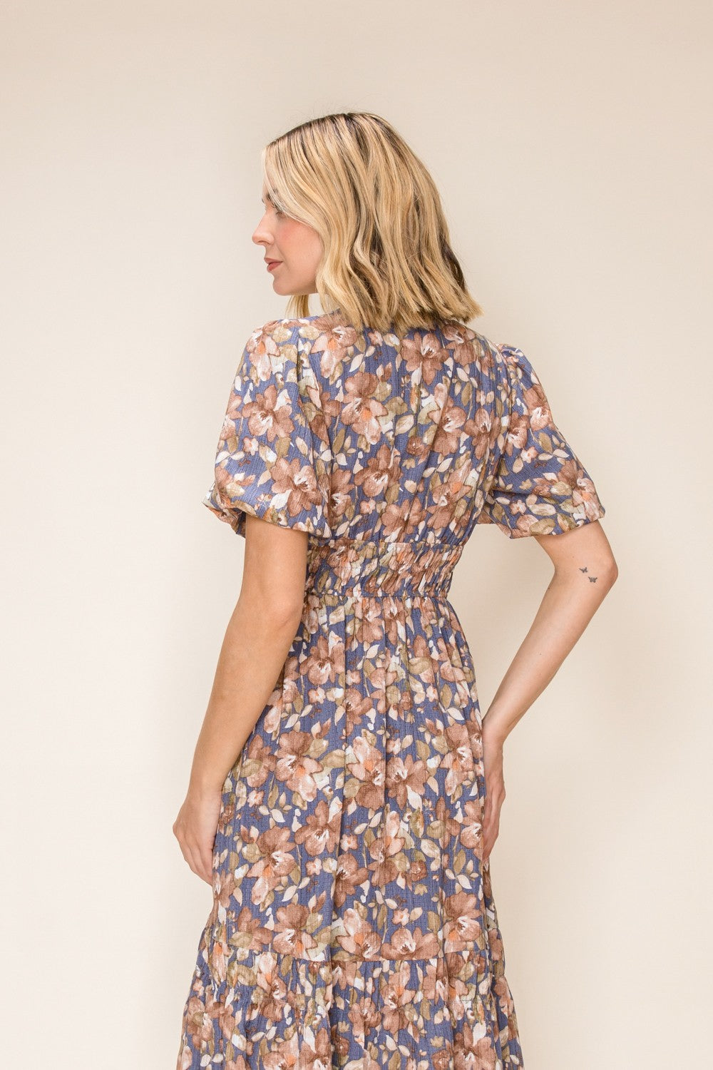 Rustic Floral Smocked Midi Dress