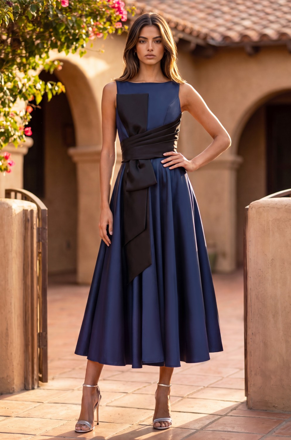 Formal A Line Satin Cocktail Midi Dress