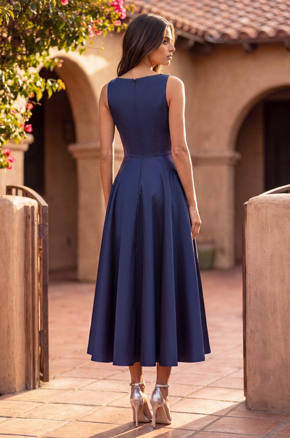 Formal A Line Satin Cocktail Midi Dress