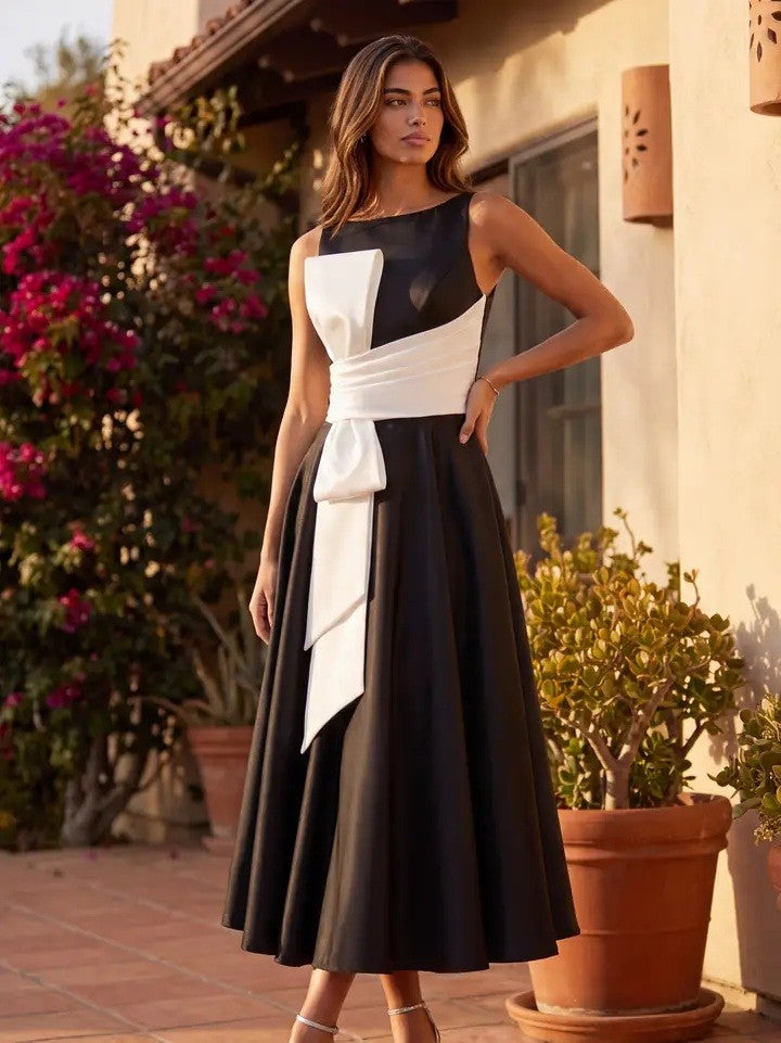 Formal A Line Satin Cocktail Midi Dress