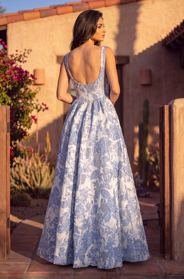 Long Floral Jacquard A Line Prom Dress