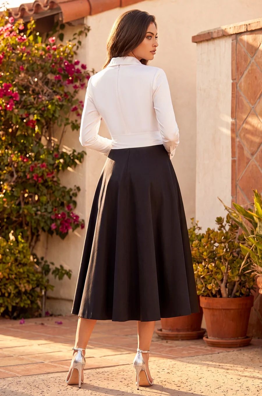 Long Sleeve Two Tone Formal Midi Dress