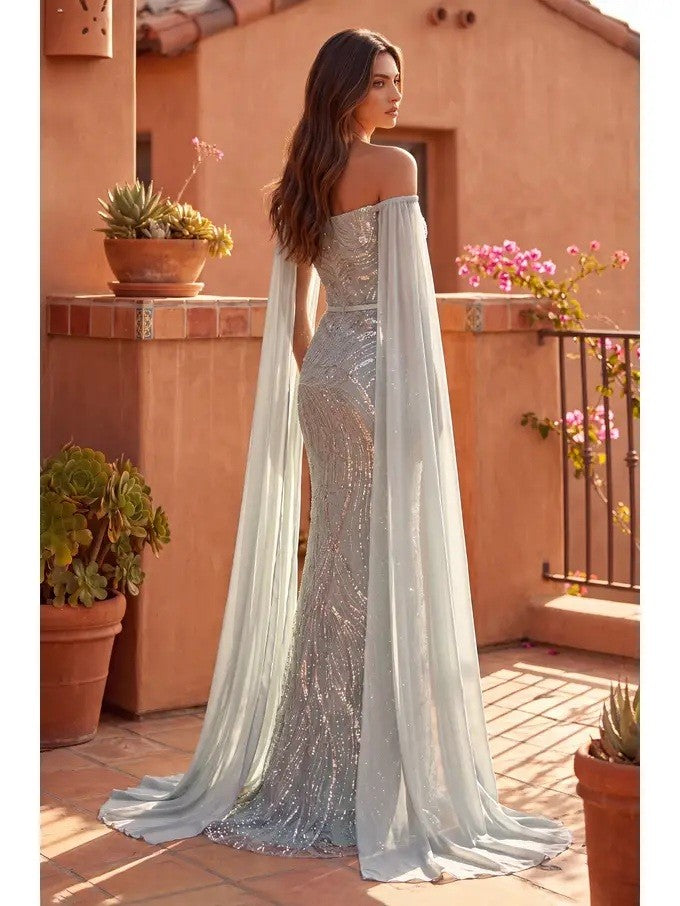 Long Formal Sequined Fitted Cape Sleeve Dress
