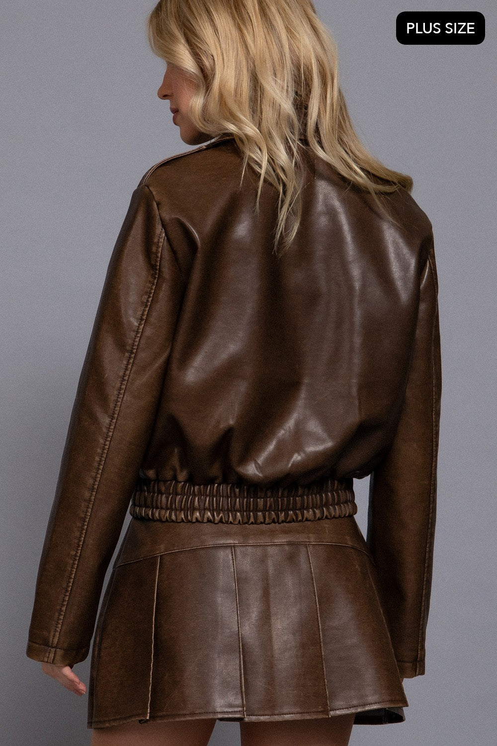 Long Slv Wash Effect Faux Leather Jacket